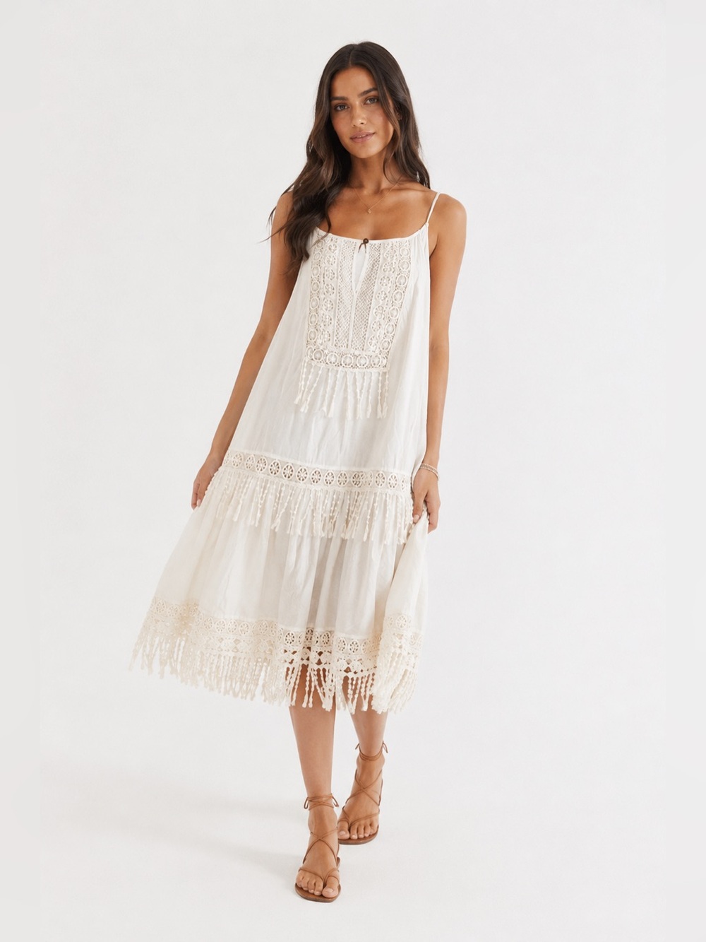 American Eagle Outfitters Cream Crochet Fringe Midi Dress